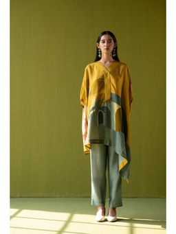 clos - Mustard Asymmetric Longline Kaftan With Pant (Set of 2)