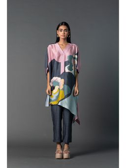 clos - Multi-Colour Asymmetric Longline Kaftan Paired With Pants. (Set of 2)