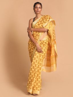 Indethnic - Mustard Floral Cotton Blend Saree with Unstitched Blouse