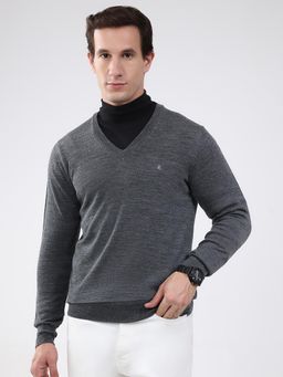 Monte Carlo - Men Grey V-Neck Full Sleeve Sweater