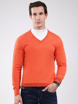 Monte Carlo - Men Orange V-Neck Full Sleeve Sweater