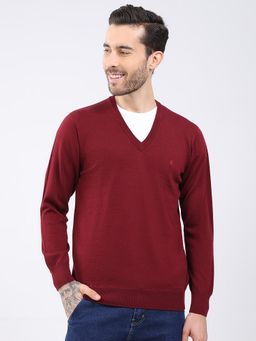 Monte Carlo - Men Maroon V-Neck Full Sleeve Sweater