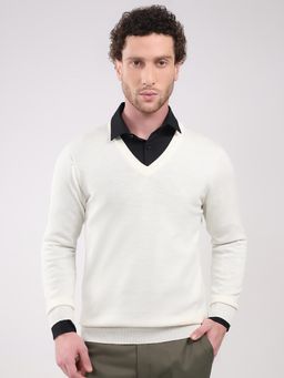 Monte Carlo - Men White V Neck Full Sleeve Sweater