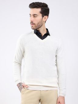 Monte Carlo - Men White V-Neck Full Sleeve Sweater