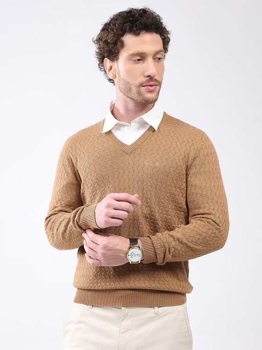 Monte Carlo Men Brown V Neck Full Sleeve Sweater