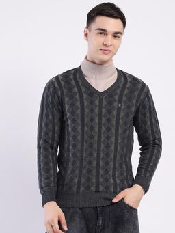 Monte Carlo - Men Grey V Neck Full Sleeve Sweater