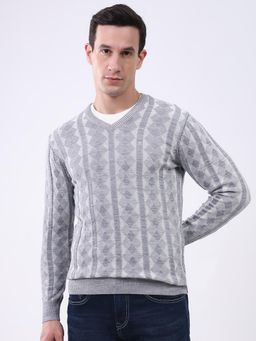 Monte Carlo - Men Grey V Neck Full Sleeve Sweater