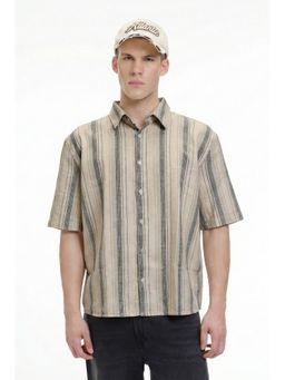 Bonkers Corner - Men Beige Striped Short Sleeve Shirt