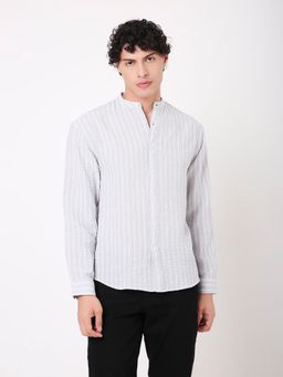 BLNK - Striped Mandarin Collar Linen Blend Grey Shirt For Men