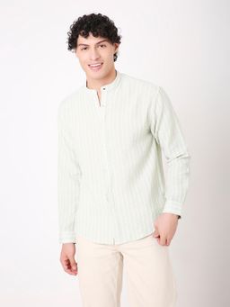 BLNK - Striped Mandarin Collar Linen Blend Green Shirt For Men