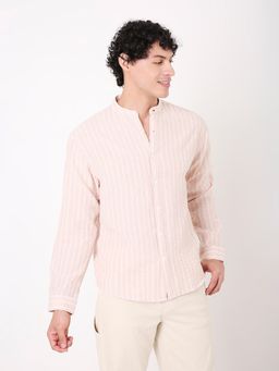 BLNK - Striped Mandarin Collar Linen Blend Peach Shirt For Men