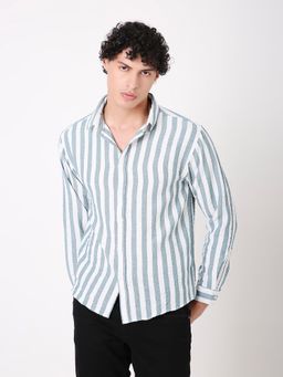 BLNK - Green Classic Vertical Striped Linen Blend Shirt
