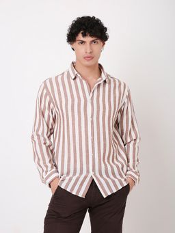 BLNK - Brown Classic Vertical Striped Linen Blend Shirt