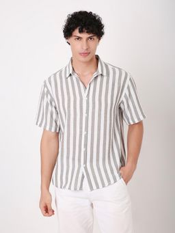 BLNK - Grey Vertical Striped Linen Blend Half Sleeve Shirt