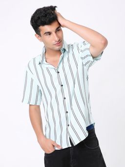 BLNK - Relaxed Fit Striped Green Casual Shirt