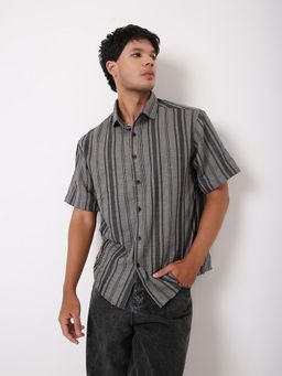 BLNK - Textured Grey Striped Half Sleeve Shirt