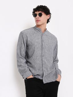BLNK - Premium Linen Blend Mandarin Collar Grey Shirt