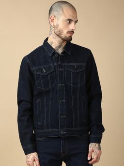necked - Men Navy Blue Pure Cotton Classic Trucker Jacket