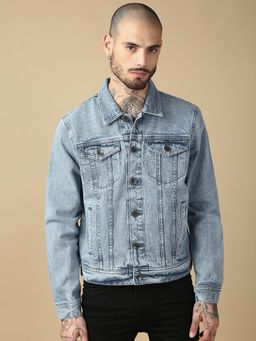 necked - Men Blue Pure Cotton Classic Trucker Jacket