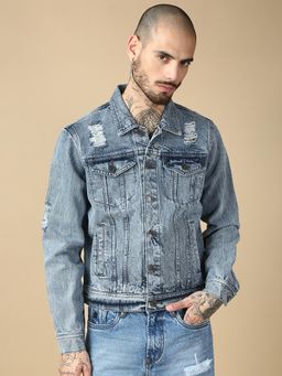 necked - Men Blue Pure Cotton Classic Trucker Jacket