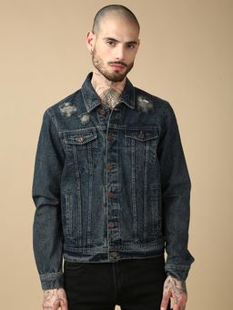 necked - Blue Men Pure Cotton Classic Trucker Jacket