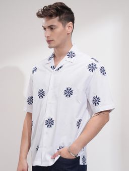 LOCOMOTIVE - Premium Men White Cut Butta Jacquard Textured Cuban Collar Oversized Shirt