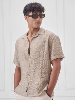 LOCOMOTIVE - Men Beige Relaxed Fit Textured Cuban Collar Casual Shirt