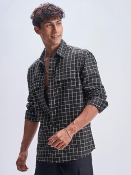 LOCOMOTIVE - Premium Men Black Dobby Checked Relaxed Shirt