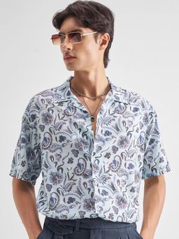 LOCOMOTIVE - Premium Men Navy Blue Multi Printed Cuban Collar Relaxed Shirt