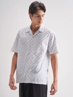 LOCOMOTIVE - Premium Men White Jacquard Cuban Collar Relaxed Shirt