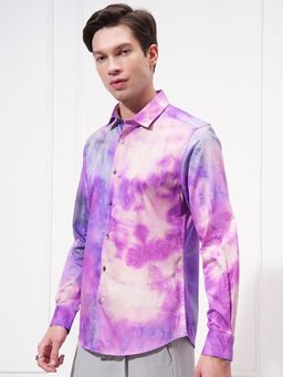 LOCOMOTIVE - Premium Men Lavender Satin Printed Occasion Slim Fit Shirt