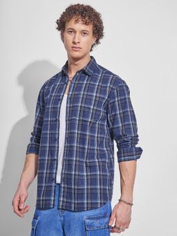 LOCOMOTIVE - Men Navy Blue Cord Checked Relaxed Shirt
