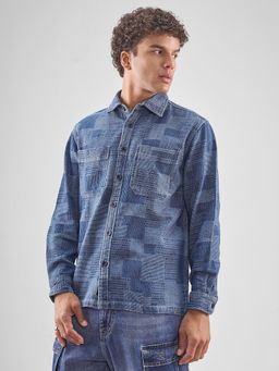 LOCOMOTIVE - Premium Men Blue Washed Jacquard Textured Oversized Overshirt