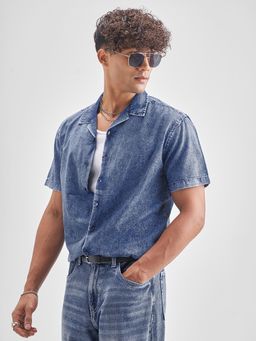 LOCOMOTIVE - Premium Men Blue Washed Textured Cuban Collar Relaxed Shirt