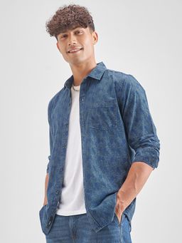 LOCOMOTIVE - Premium Men Blue Dobby Textured Cuban Collar Relaxed Shirt