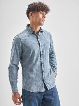 LOCOMOTIVE - Premium Men Blue Dobby Textured Cuban Collar Relaxed Shirt