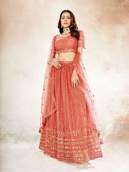 Pink Ethnic - Peach Sequence Semi Stitched Lehenga and Unstitched Choli with Dupatta (Set of 3)