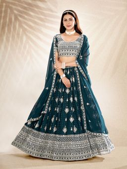 Pink Ethnic - Teal Sequence Semi Stitched Lehenga and Unstitched Choli with Dupatta (Set of 3)