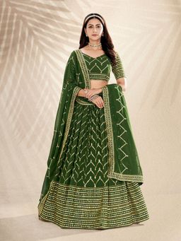 Pink Ethnic - Green Sequence Semi Stitched Lehenga and Unstitched Choli with Dupatta (Set of 3)