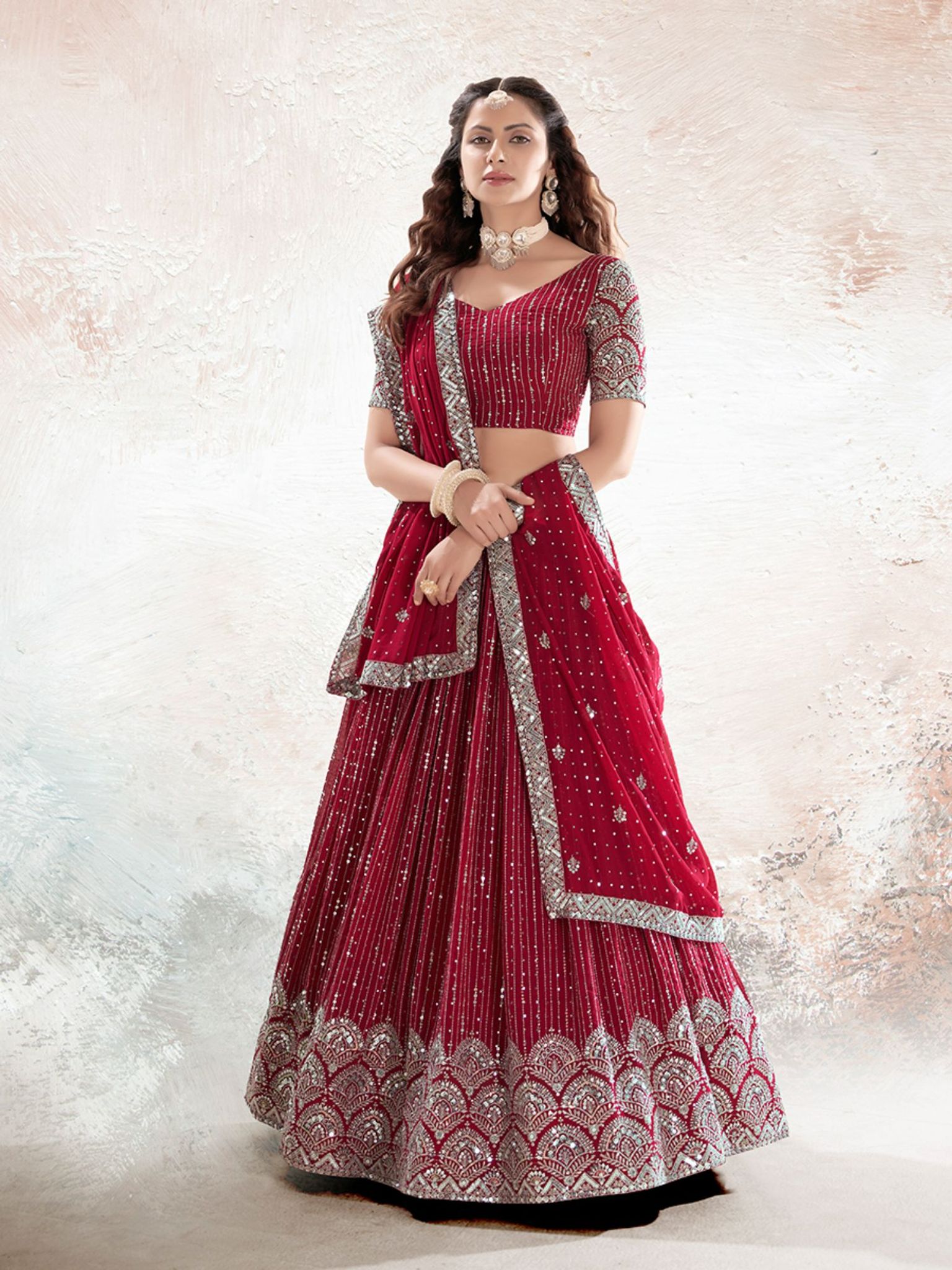 Cherry Red Sequence Semi Stitched Lehenga and Unstitched Choli with Dupatta
