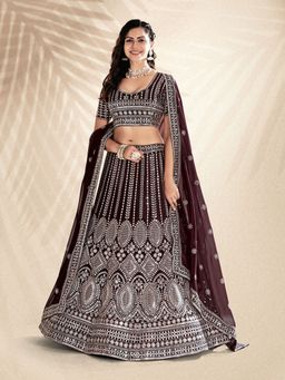 Pink Ethnic - Wine Sequence Semi Stitched Lehenga and Unstitched Choli with Dupatta (Set of 3)