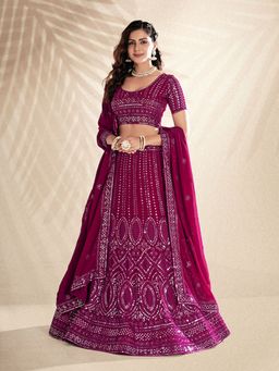 Pink Ethnic - Rani Pink Sequence Semi Stitched Lehenga and Unstitched Choli with Dupatta (Set of 3)
