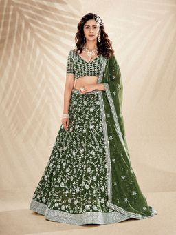 Pink Ethnic - Parrot Green Semi Stitched Lehenga and Unstitched Choli with Dupatta (Set of 3)
