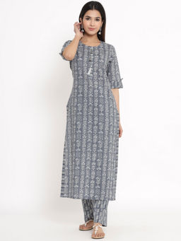 Kipek - Womens Printed Cotton Fabric Kurta And Palazzo Grey Color (Set of 2)