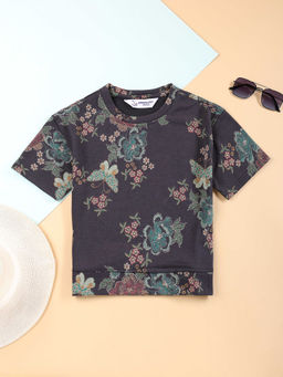 Jumping Joey - Boys Black Floral Printed Half Sleeves Round Neck T-Shirt