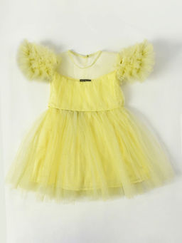 Bella Moda - Girls Yellow Sequined Ruffled Sleeves Round Neck Knee Length Dress