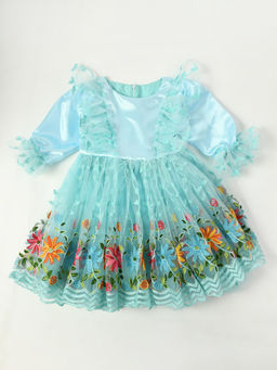 Bella Moda - Girls Blue Embroidered Bell Sleeves Round Neck Knee Length Dress