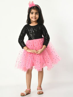 Bella Moda - Girls Pink Sequined Three Fourth Sleeves Round Neck Knee Length Dress