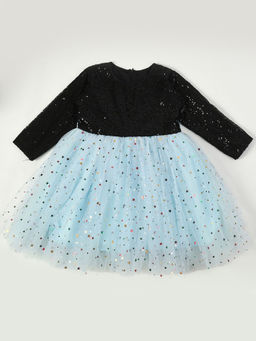 Bella Moda - Girls Blue Sequined Three Fourth Sleeves Round Neck Knee Length Dress