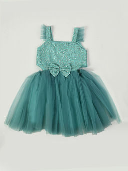 Bella Moda - Girls Green Sequined Sleeveless Square Neck Knee Length Dress